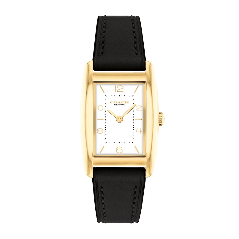 Main Image 1 of Ladies' Coach Reese Gold-Tone IP Black Leather Strap Watch with Rectangular White Dial (Model: 14504312)