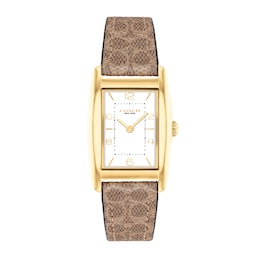 Ladies' Coach Reese Gold-Tone IP Brown Leather Strap Watch with Rectangular White Dial (Model: 14504355)