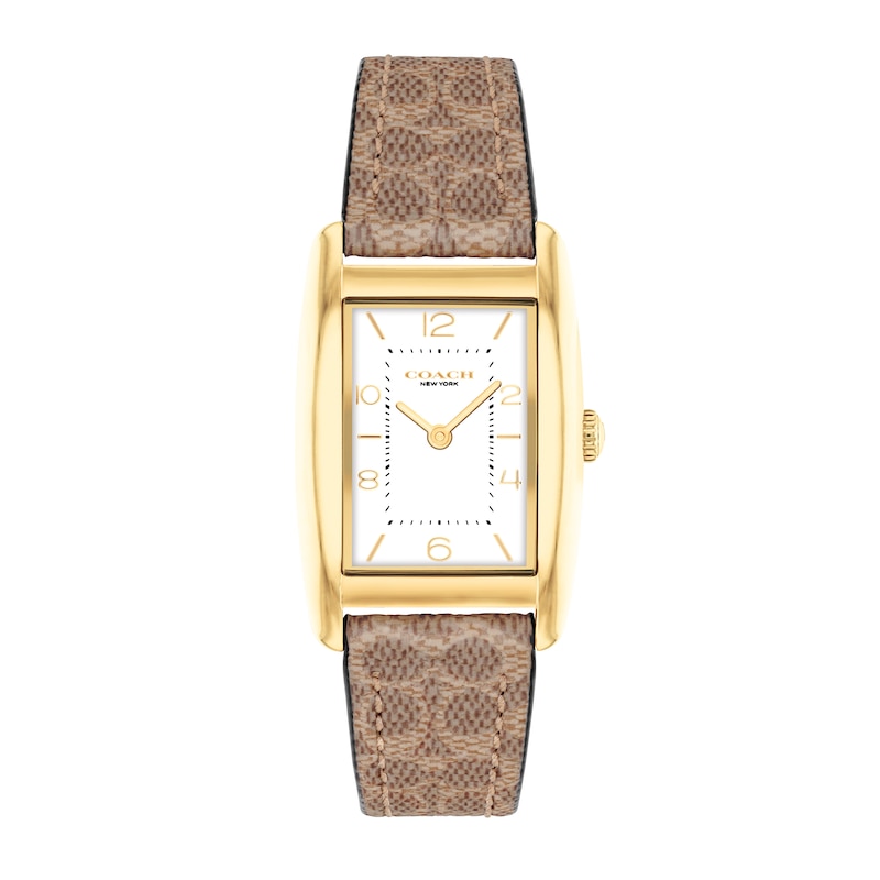 Main Image 1 of Ladies' Coach Reese Gold-Tone IP Brown Leather Strap Watch with Rectangular White Dial (Model: 14504355)