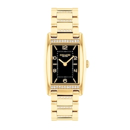 Ladies' Coach Reese Crystal Accent Gold-Tone IP Watch with Rectangular Black Dial (Model: 14504319)