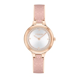 Ladies' Coach Chelsea Crystal Accent Rose-Tone IP Pink Bangle Watch with White Dial (Model: 14504331)