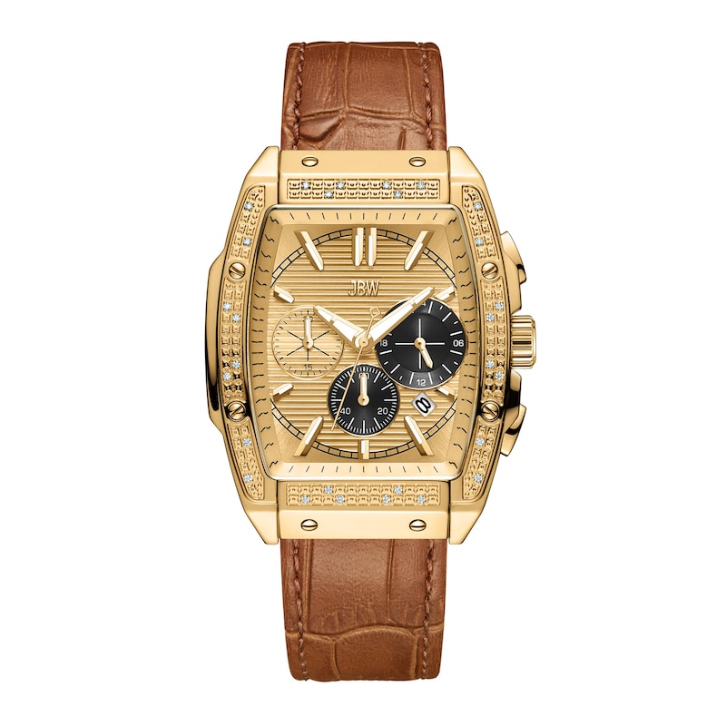 Main Image 1 of Men’s JBW Echelon 1/8 CT. T.W. Certified Diamond Chronograph Leather Strap Watch with Gold-Tone Tonneau Dial (Model: J6379F)