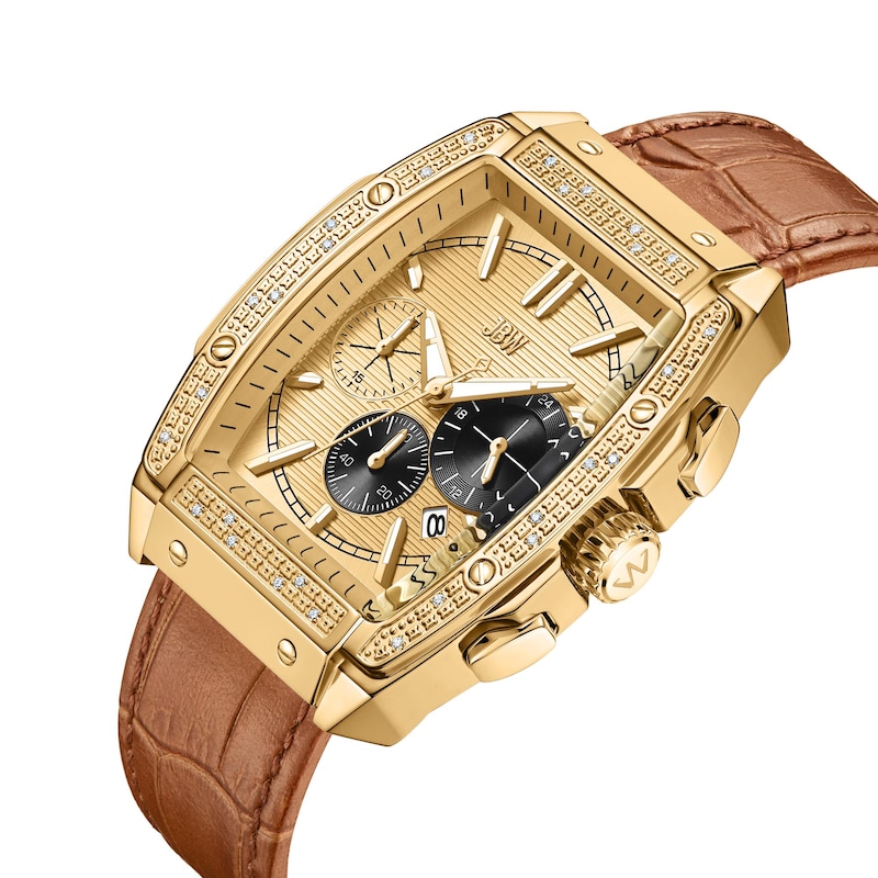 Main Image 2 of Men’s JBW Echelon 1/8 CT. T.W. Certified Diamond Chronograph Leather Strap Watch with Gold-Tone Tonneau Dial (Model: J6379F)