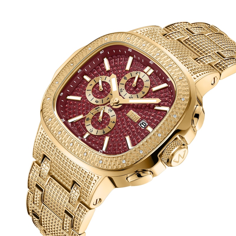 Main Image 2 of Men’s JBW Heist 1/10 CT. T.W. Certified Diamond 18K Gold Plate Chronograph Watch with Red Dial (Model: J6380G)