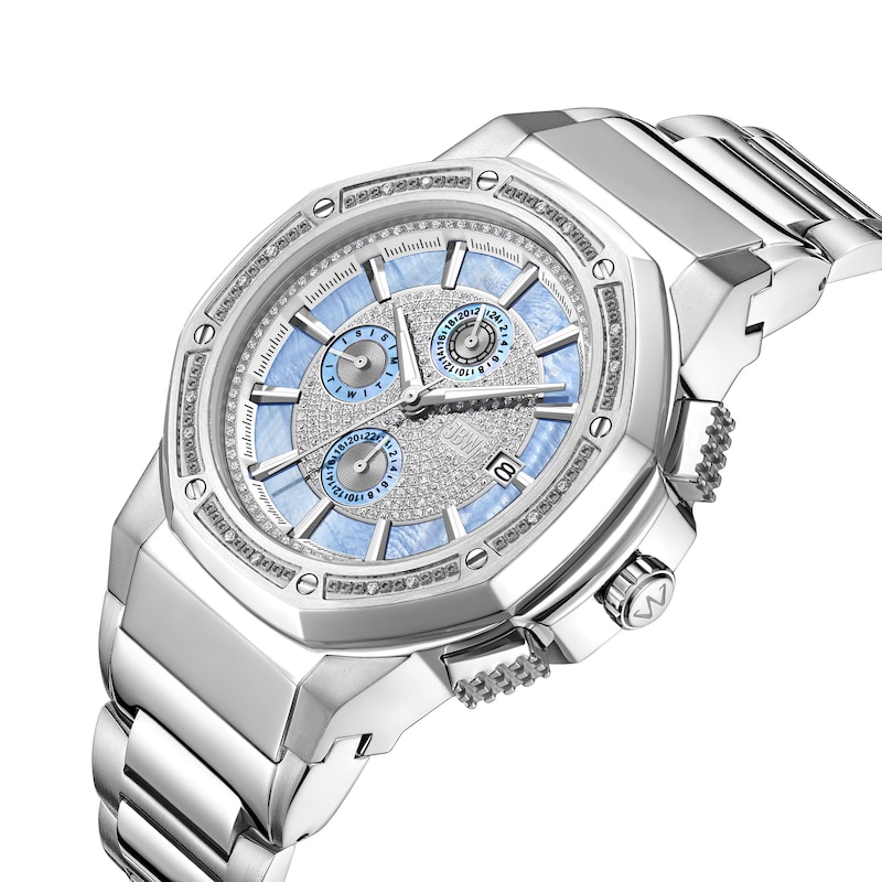 Main Image 2 of Men’s JBW Saxon 1/15 CT. T.W. Certified Diamond Chronograph Watch with Blue Mother-of-Pearl Dial (Model: JB-6101-M)