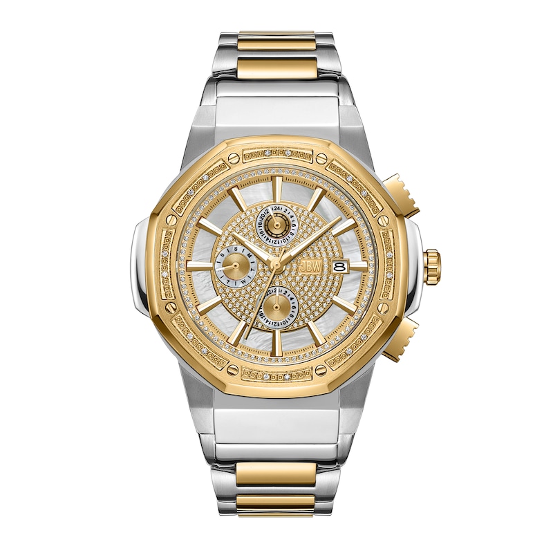 Main Image 1 of Men’s JBW Saxon 1/15 CT. T.W. Certified Diamond Two-Tone Chronograph Watch with Mother-of-Pearl Dial (Model: JB-6101-N)