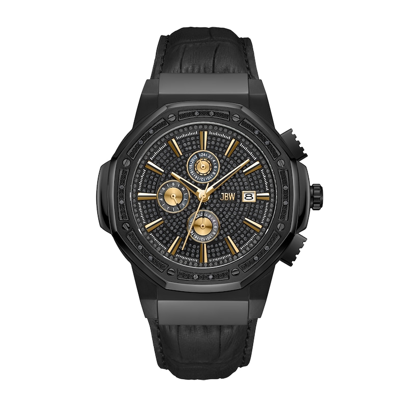 Main Image 1 of Men’s JBW Saxon 1/15 CT. T.W. Certified Diamond Black IP Chronograph Strap Watch with Black Dial (Model: JB-6101L-S)