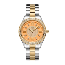 Ladies’ JBW Mondrian 34 1/15 CT. T.W. Certified Diamond and Crystal Accent Two-Tone Watch with Orange Dial (Model: J6388F)