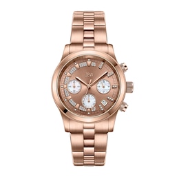 Ladies’ JBW Muse 1/10 CT. T.W. Certified Diamond Rose Gold Plate Chronograph Watch with Mother-of-Pearl Dial (Model: JB-6217-L)