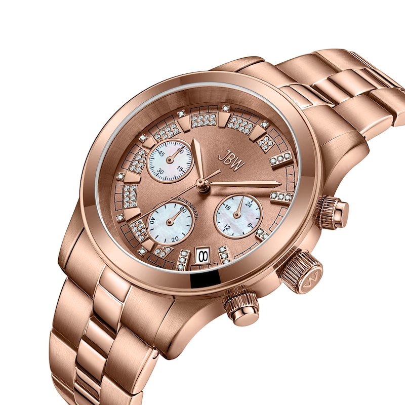 Ladies’ JBW Muse 1/10 CT. T.W. Certified Diamond Rose Gold Plate Chronograph Watch with Mother-of-Pearl Dial (Model: JB-6217-L)