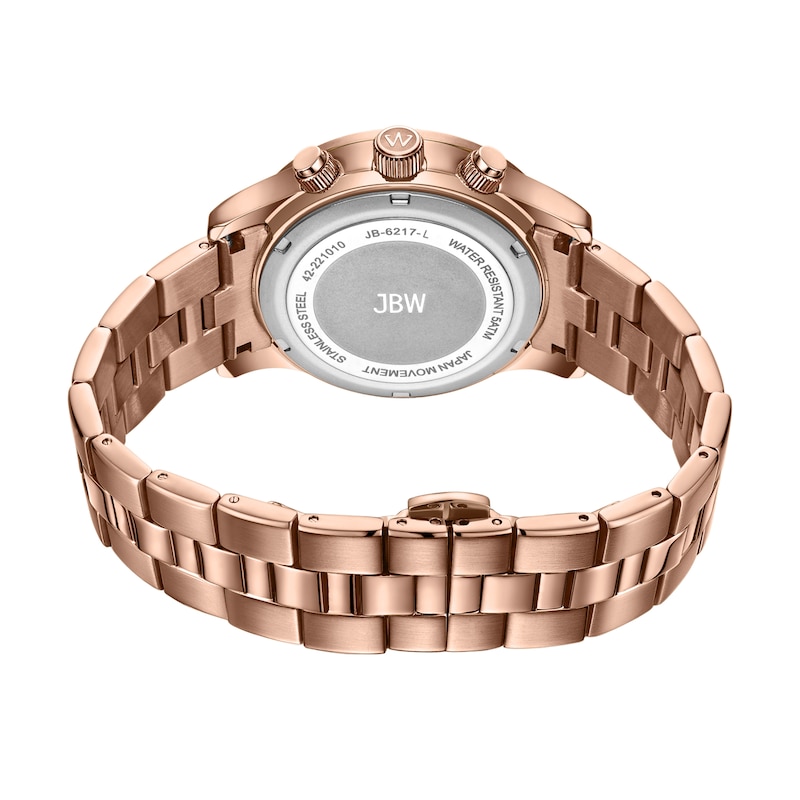 Ladies’ JBW Muse 1/10 CT. T.W. Diamond Rose Gold Plate Chronograph Watch with Mother-of-Pearl Dial (Model: JB-6217-L)