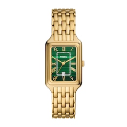 Ladies’ Fossil Raquel Gold-Tone IP Watch with Rectangular Malachite Dial (Model: ES5341)