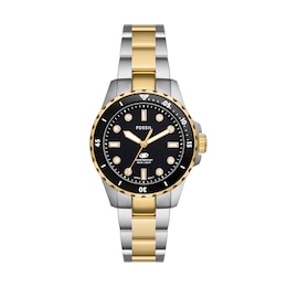 Ladies’ Fossil Blue Dive Crystal Accent Two-Tone IP Watch with Black Dial (Model: ES5349)