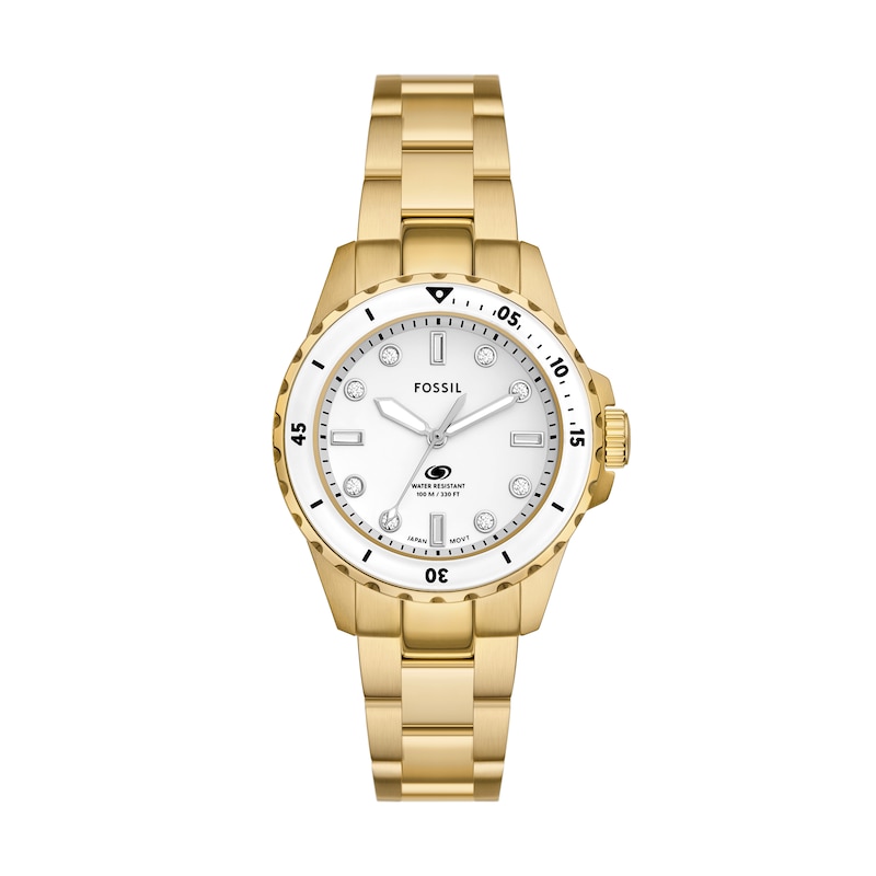 Main Image 1 of Ladies’ Fossil Blue Dive Crystal Accent Gold-Tone IP Watch with White Dial (Model: ES5350)