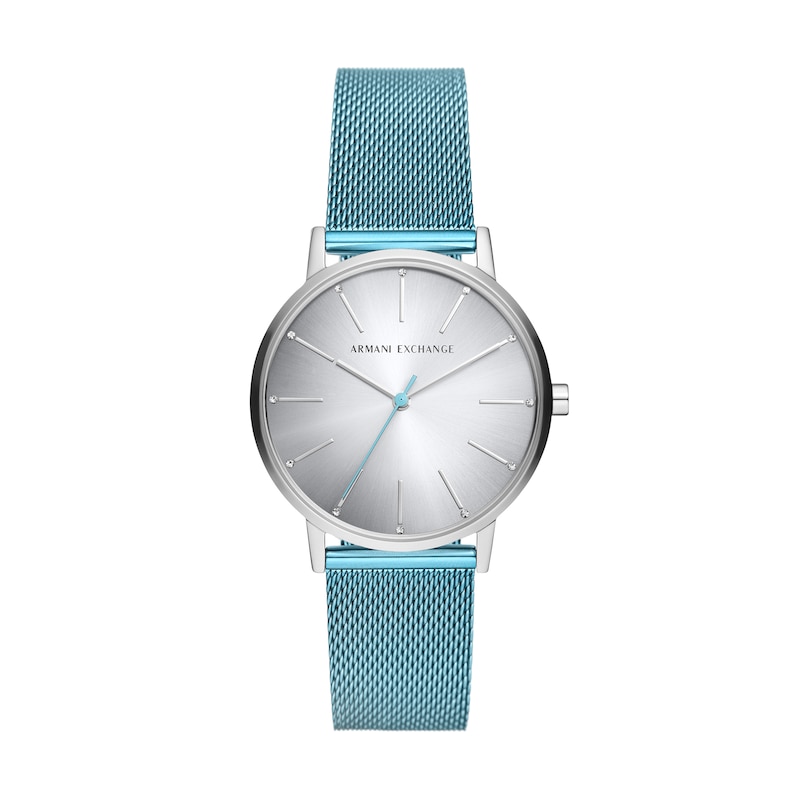 Ladies’ Armani Exchange Lola Crystal Accent Watch with Silver-Tone Dial and Ice Blue Mesh Band (Model: AX5599)