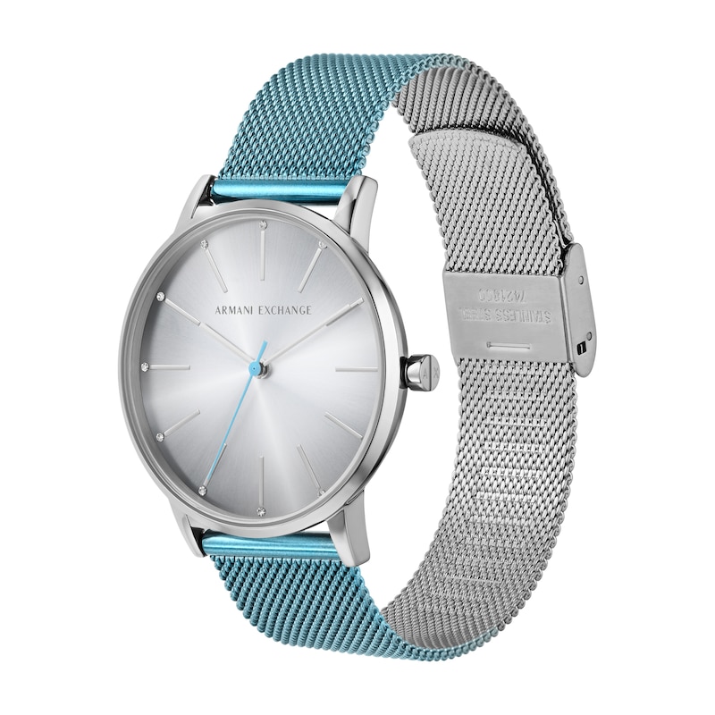 Ladies’ Armani Exchange Lola Crystal Accent Watch with Silver-Tone Dial and Ice Blue Mesh Band (Model: AX5599)