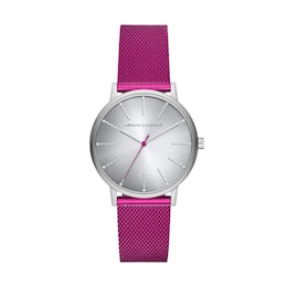 Ladies’ Armani Exchange Lola Crystal Accent Watch with Silver-Tone Dial and Pink Mesh Band (Model: AX5616)