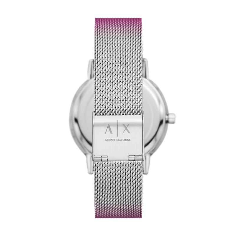 Ladies’ Armani Exchange Lola Crystal Accent Watch with Silver-Tone Dial and Pink Mesh Band (Model: AX5616)