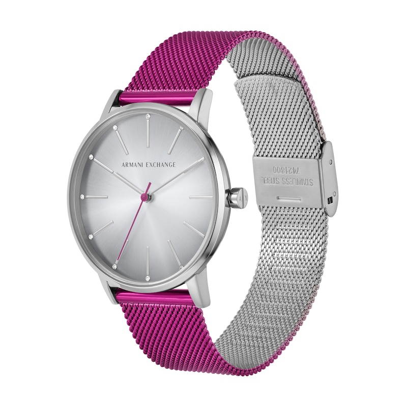 Ladies’ Armani Exchange Lola Crystal Accent Watch with Silver-Tone Dial and Pink Mesh Band (Model: AX5616)