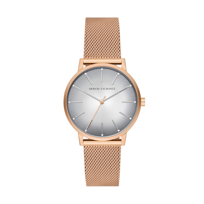 Main Image 1 of Ladies’ Armani Exchange Lola Crystal Accent Rose-Tone IP Mesh Watch with Grey Dial (Model: AX5617)