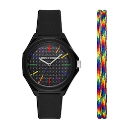Ladies’ Armani Exchange Andrea Black IP Watch Set with Black Dial and Multi-Color Cord Bracelet (Model: AX7158SET)