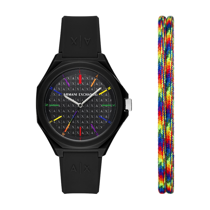 Ladies’ Armani Exchange Andrea Black IP Watch Set with Black Dial and Multi-Color Cord Bracelet (Model: AX7158SET)