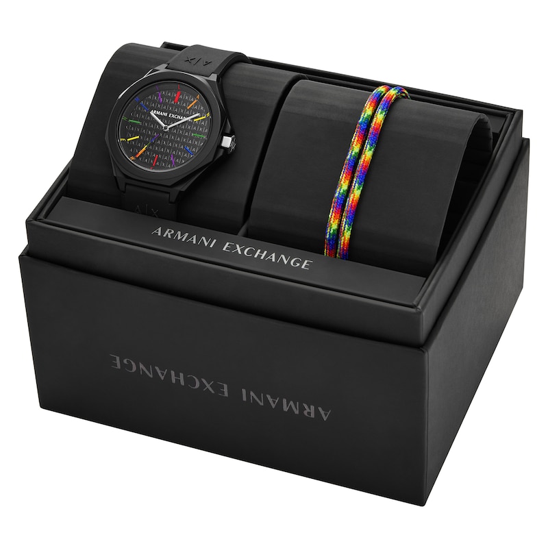 Ladies’ Armani Exchange Andrea Black IP Watch Set with Black Dial and Multi-Color Cord Bracelet (Model: AX7158SET)