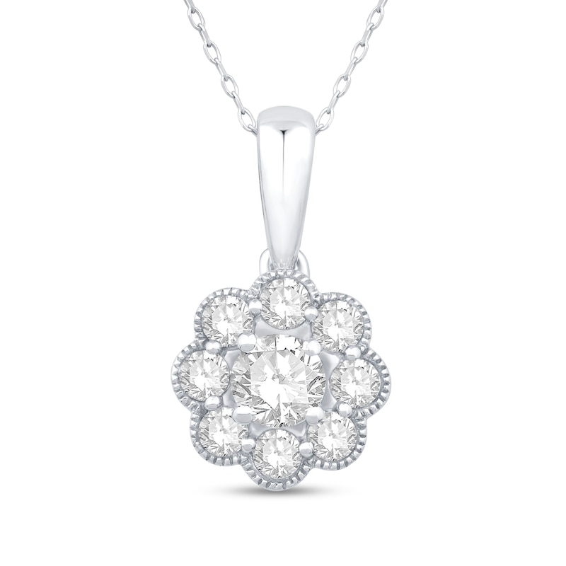 Main Image 1 of 1/2 CT. T.W. Diamond Scallop Edge Vintage-Style Flower Pendant in 10K White Gold