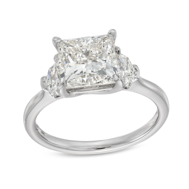 Main Image 1 of 3-1/2 CT. T.W. Princess and Epaulette-Cut Certified Lab-Created Diamond Three Stone Engagement Ring in 14K White Gold