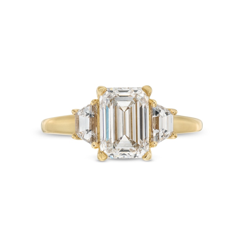 2-1/2 CT. T.W. Emerald and Trapezoid-Cut Certified Lab-Created Diamond Three Stone Engagement Ring in 14K Gold (F/VS2)