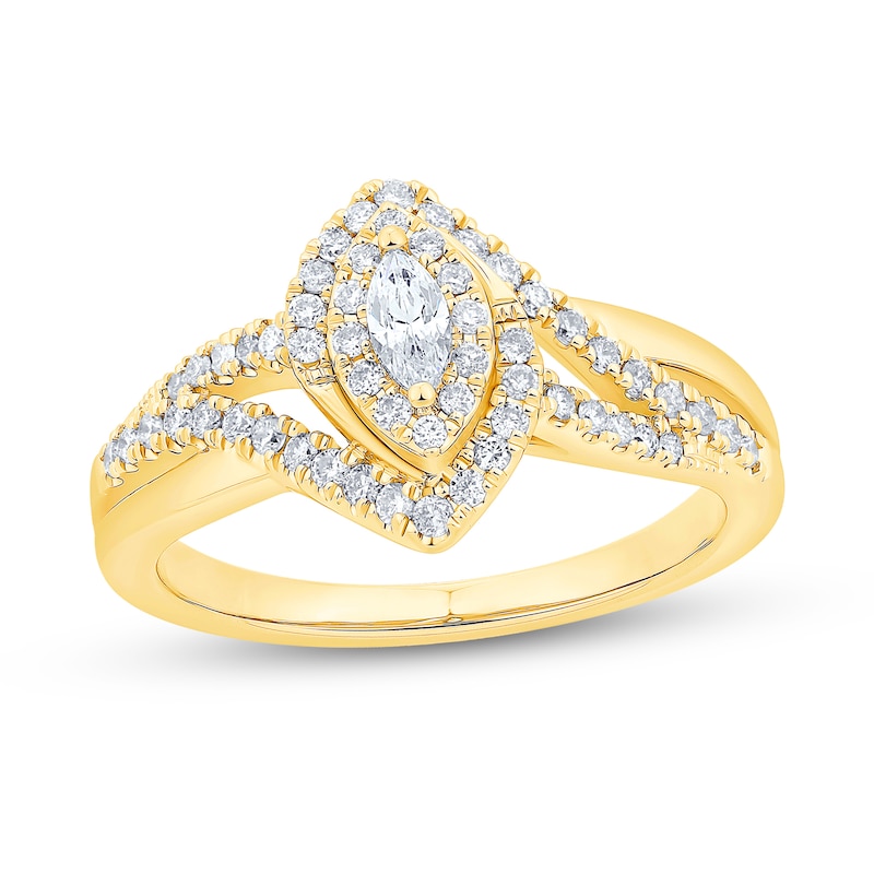 Main Image 1 of 1/2 CT. T.W. Marquise Diamond Frame Bypass Split Shank Engagement Ring in 14K Gold