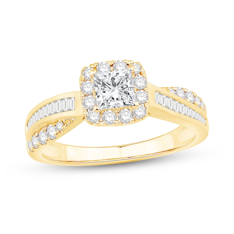 Main Image 1 of 7/8 CT. T.W. Princess-Cut Diamond Cushion Frame Crossover Shank Engagement Ring in 14K Gold