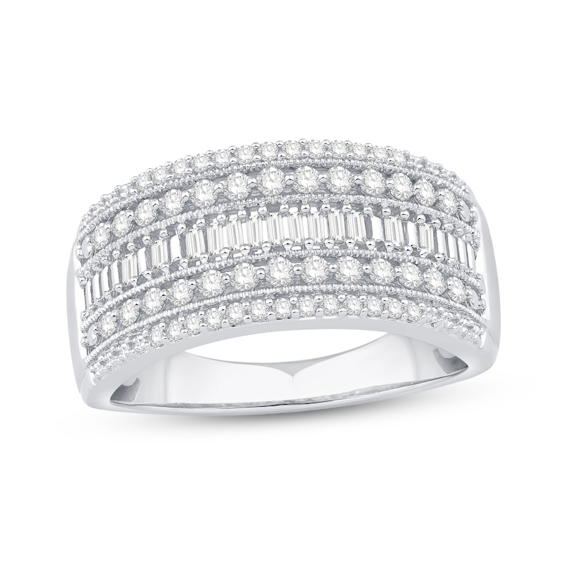 Main Image 1 of 1/2 CT. T.W. Baguette and Round Diamond Multi-Row Vintage-Style Anniversary Band in 10K White Gold