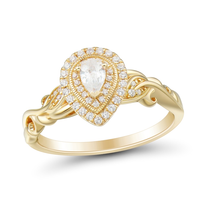 Main Image 1 of 1/3 CT. T.W. Pear-Shaped Diamond Double Frame Scrolling Vine Vintage-Style Engagement Ring in 14K Gold