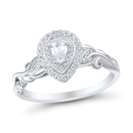 1/3 CT. T.W. Pear-Shaped Diamond Double Frame Scrolling Vine Vintage-Style Engagement Ring in 14K White Gold