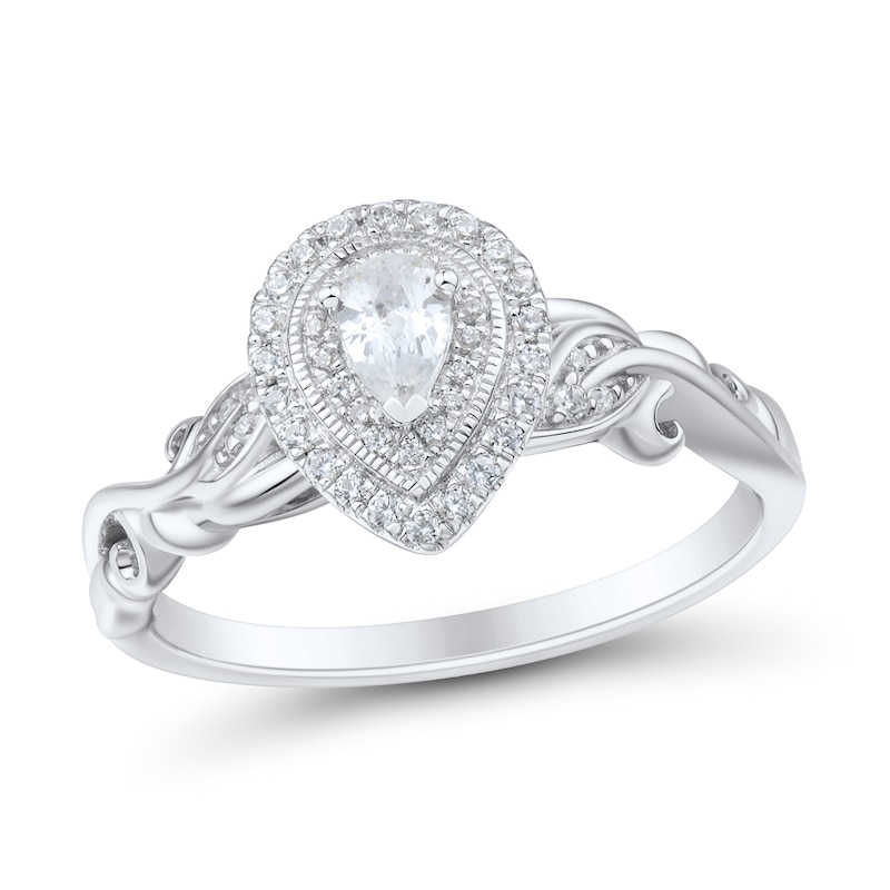 Main Image 1 of 1/3 CT. T.W. Pear-Shaped Diamond Double Frame Scrolling Vine Vintage-Style Engagement Ring in 14K White Gold