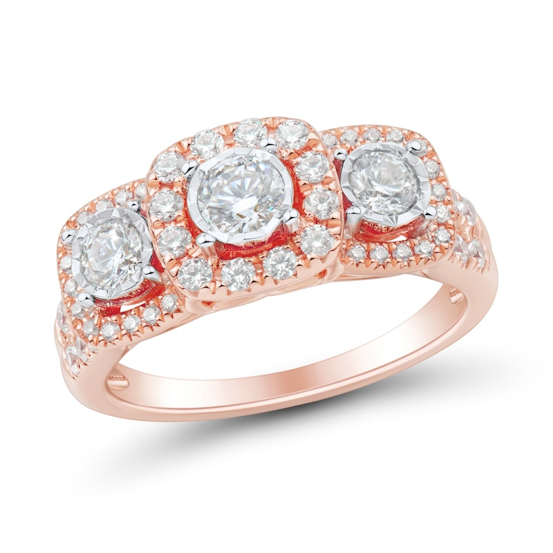 Main Image 1 of 1 CT. T.W. Diamond Cushion Frame Past Present Future® Double Row Shank Engagement Ring in 14K Rose Gold