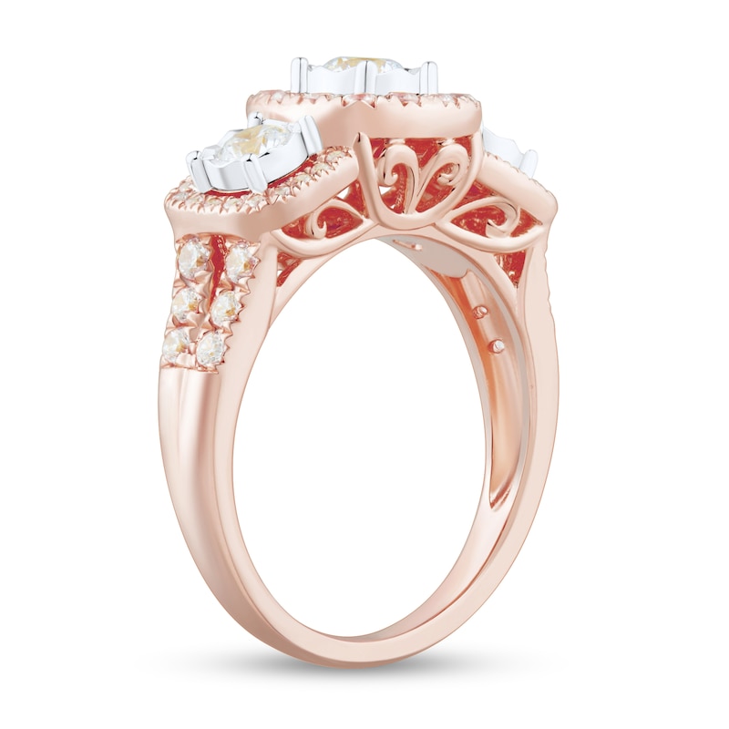 Main Image 2 of 1 CT. T.W. Diamond Cushion Frame Past Present Future® Double Row Shank Engagement Ring in 14K Rose Gold