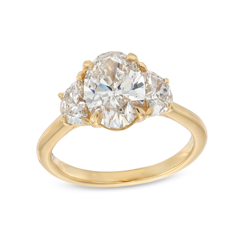 Main Image 1 of 2-5/8 CT. T.W. Oval and Half-Moon Certified Lab-Created Diamond Three Stone Engagement Ring in 14K Gold (F/VS2)