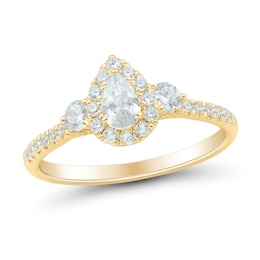 3/4 CT. T.W. Pear-Shaped and Round Diamond Frame Past Present Future® Engagement Ring in 14K Gold