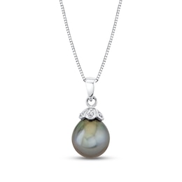 9.0mm Pear-Shaped Black Tahitian Cultured Pearl and Diamond Accent Pendant in 14K White Gold