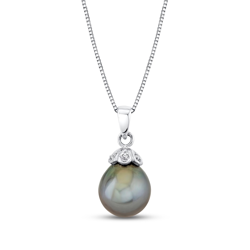 Main Image 1 of 9.0mm Pear-Shaped Black Tahitian Cultured Pearl and Diamond Accent Pendant in 14K White Gold