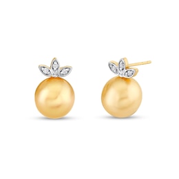 9.0mm Golden South Sea Cultured Pearl and 1/20 CT. T.W. Diamond Leaf-Top Stud Earrings in 14K Gold