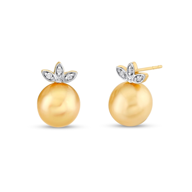 Main Image 1 of 9.0mm Golden South Sea Cultured Pearl and 1/20 CT. T.W. Diamond Leaf-Top Stud Earrings in 14K Gold