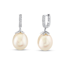 10.0mm Oval Freshwater Cultured Pearl and 1/10 CT. T.W. Diamond Drop Earrings in 14K White Gold