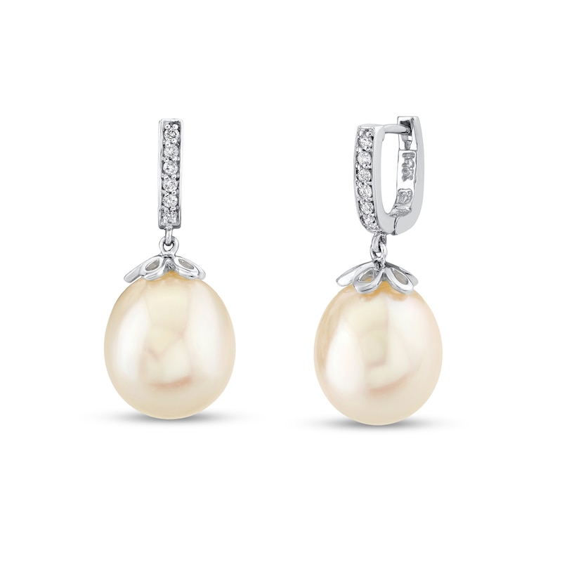 Main Image 1 of 10.0mm Oval Freshwater Cultured Pearl and 1/10 CT. T.W. Diamond Drop Earrings in 14K White Gold