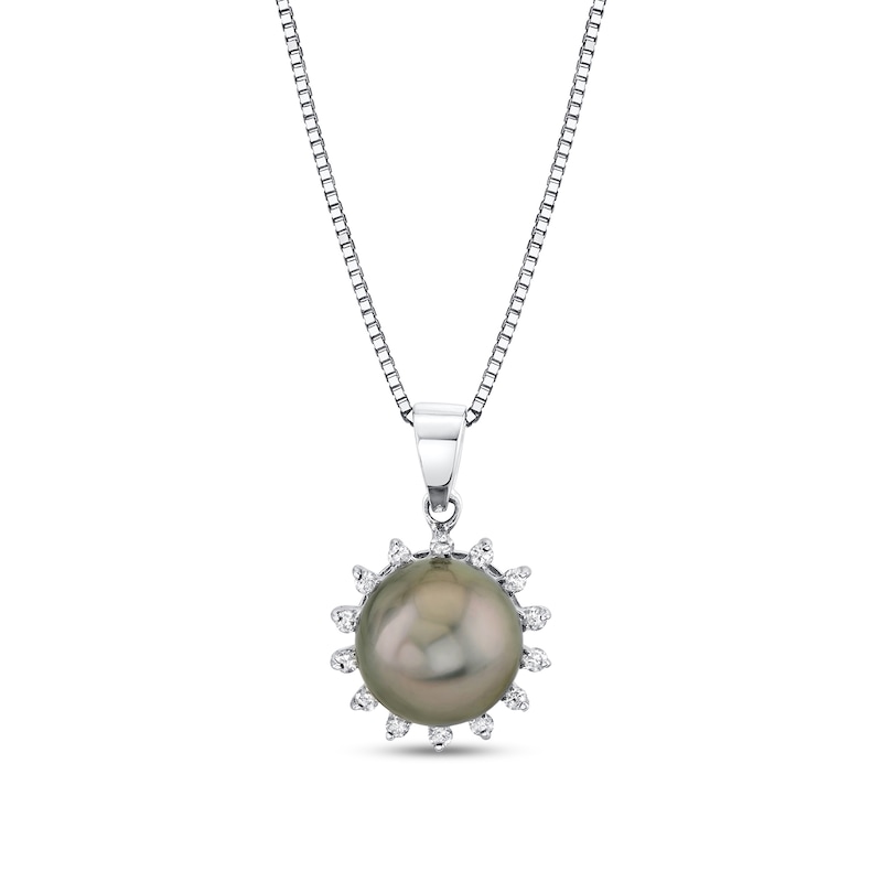 Main Image 1 of 8.0mm Black Tahitian Cultured Pearl and 1/10 CT. T.W. Diamond Sunburst Frame Pendant in 14K White Gold