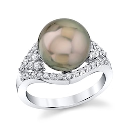 11.0mm Black Tahitian Cultured Pearl and 5/8 CT. T.W Diamond Tri-Sides Ring in 14K White Gold