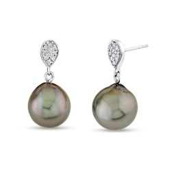 10.0mm Oval-Shaped Black Tahitian Cultured Pearl and 1/6 CT. T.W Diamond Drop Earrings in 14K White Gold