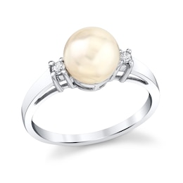 7.0mm Freshwater Cultured Pearl and 1/15 CT. T.W. Diamond Three Stone Ring in 14K White Gold